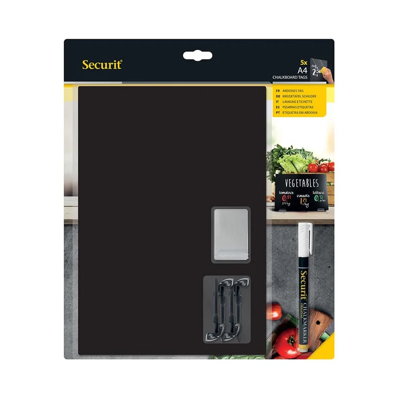 Securit® Kreidetafel TAGs A4 Schwarz, inkl. 1 Securit® Kreidestift, 4 Spikes und 4 transparenten Haltern, 5er Set