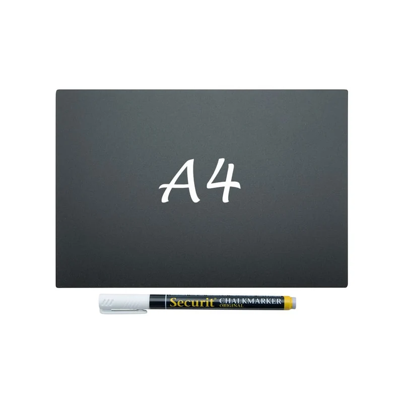 Securit® Kreidetafel TAGs A4 Schwarz, inkl. 1 Securit® Kreidestift, 4 Spikes und 4 transparenten Haltern, 5er Set