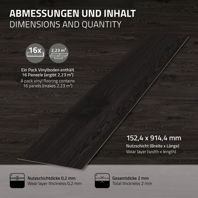 5x Deluxe PVC Klebevinylboden für 2,23 m² Eiche Dunkelgrau 2 mm dick ML-Design