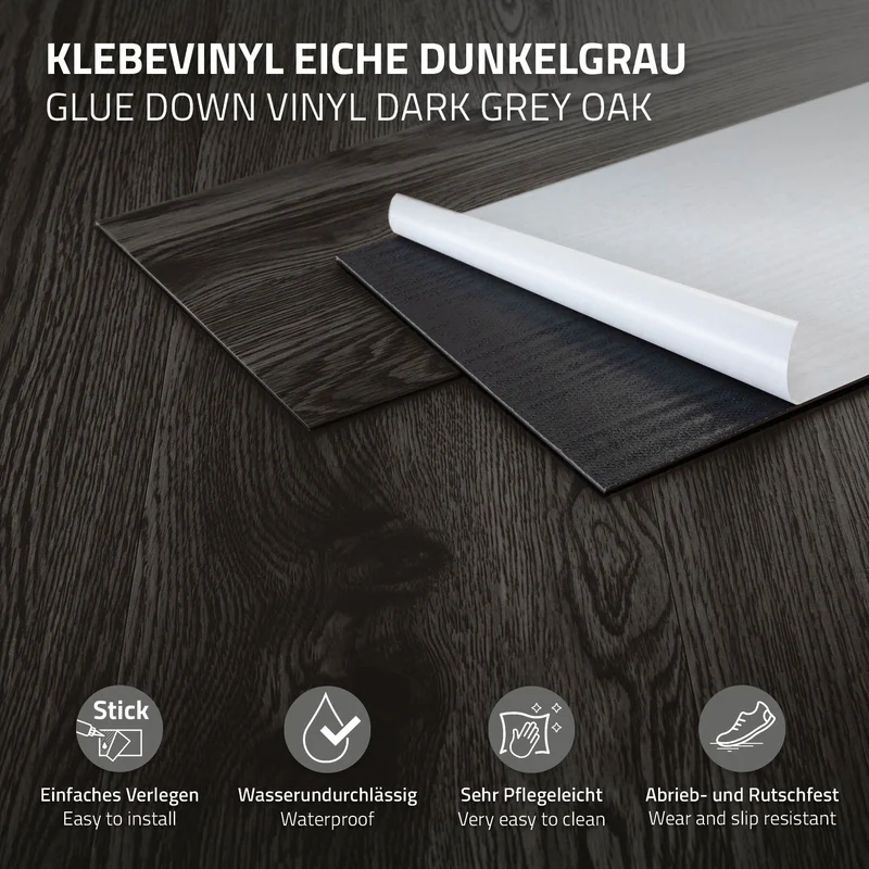 Deluxe PVC Klebevinylboden für 2,23 m² Eiche Dunkelgrau 2 mm dick ML-Design