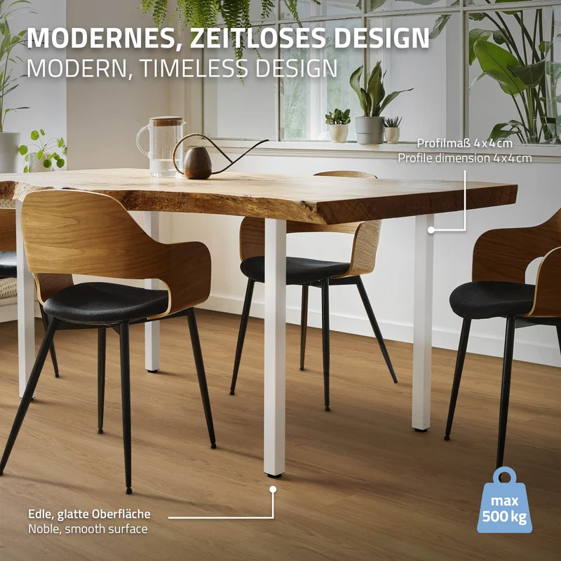 B-Ware 4er Set Tischbeine I-Design 72 cm Weiß glänzend aus pulverbeschichtetem Stahl eckig Profil 4x4 cm Höhenverstellbare Möbelfüße 1-4 cm ML-Design