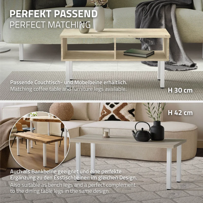 B-Ware 4er Set Tischbeine I-Design 72 cm Weiß glänzend aus pulverbeschichtetem Stahl eckig Profil 4x4 cm Höhenverstellbare Möbelfüße 1-4 cm ML-Design