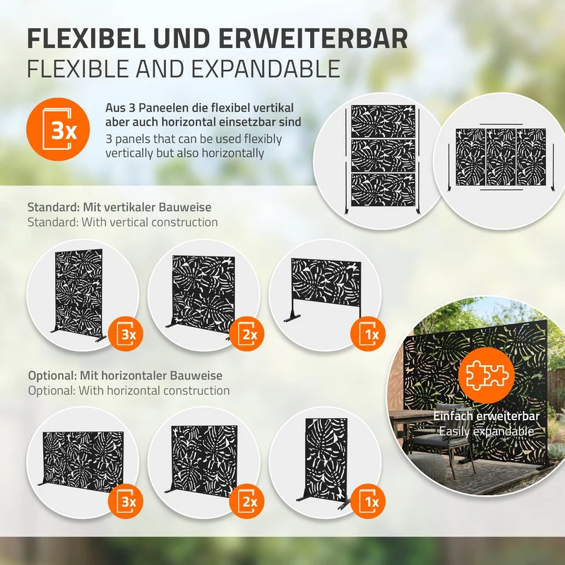 Metall-Sichtschutz Roma Schwarz 120x180 cm aus Stahl Raumteiler mit 3 Paneele Trennwand erweiterbar mit Ständer ML-Design