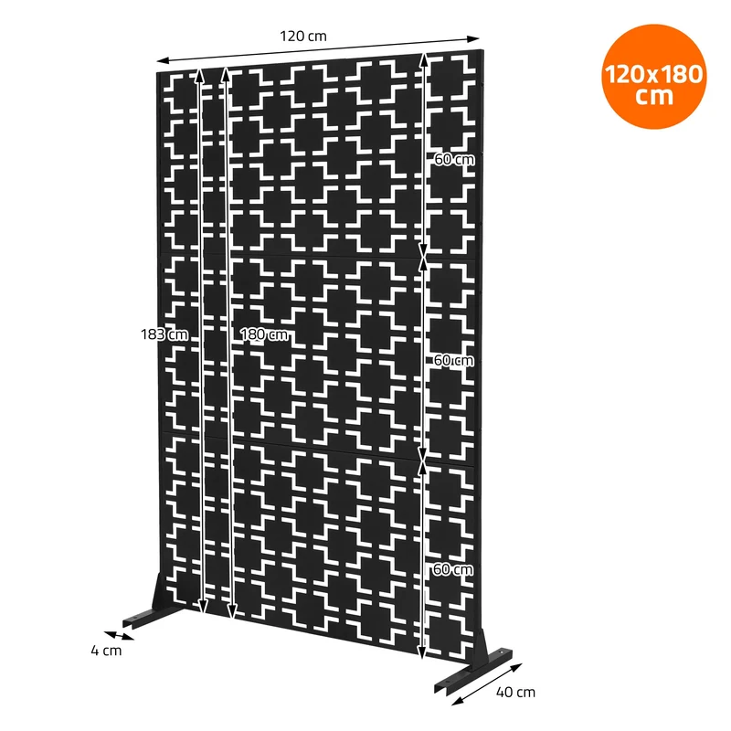 Metall-Sichtschutz Milano Schwarz 120x180 cm aus Stahl Raumteiler mit 3 Paneele Trennwand erweiterbar mit Ständer ML-Design