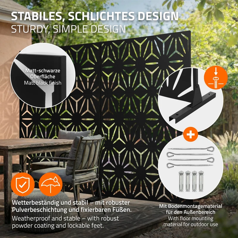 Metall-Sichtschutz Torino Schwarz 120x180 cm aus Stahl Raumteiler mit 3 Paneele Trennwand erweiterbar mit Ständer ML-Design