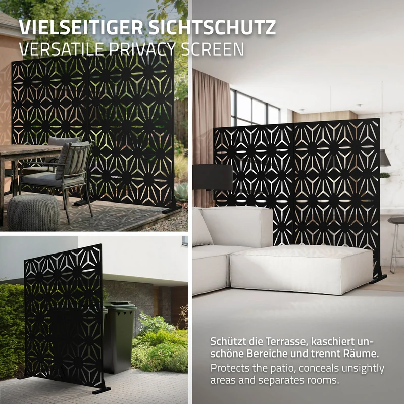 Metall-Sichtschutz Torino Schwarz 120x180 cm aus Stahl Raumteiler mit 3 Paneele Trennwand erweiterbar mit Ständer ML-Design