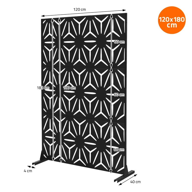 Metall-Sichtschutz Torino Schwarz 120x180 cm aus Stahl Raumteiler mit 3 Paneele Trennwand erweiterbar mit Ständer ML-Design