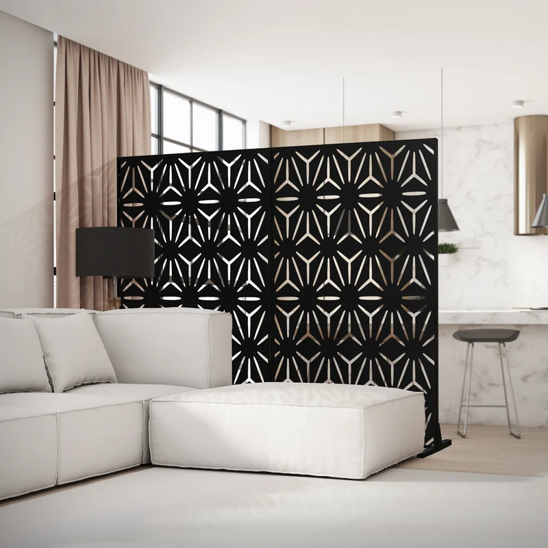 Metall-Sichtschutz Torino Schwarz 120x180 cm aus Stahl Raumteiler mit 3 Paneele Trennwand erweiterbar mit Ständer ML-Design