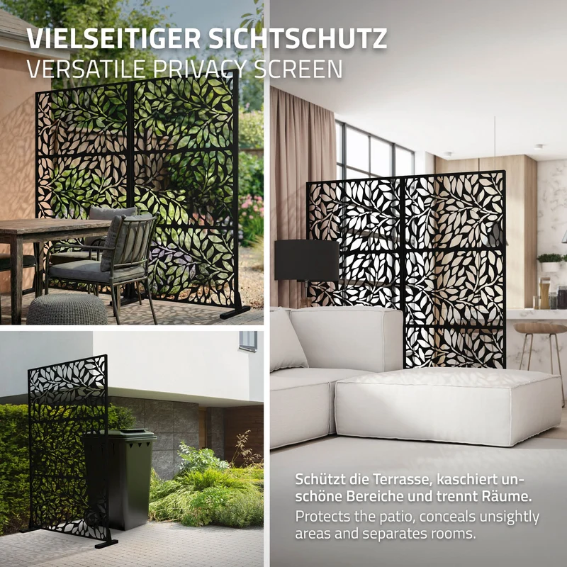 Metall-Sichtschutz Firenze Schwarz 90x180 cm aus Stahl Raumteiler mit 3 Paneele Trennwand erweiterbar mit Ständer ML-Design