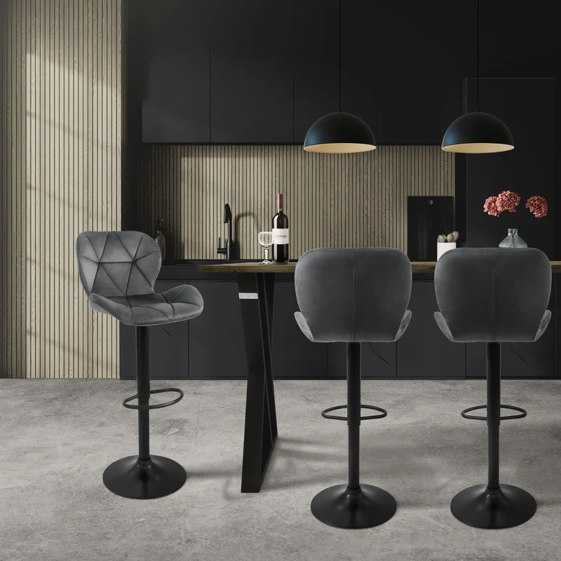 B-Ware Barhocker 2er Set Grau Samtbezug mit Rückenlehne und Fußstütze höhenverstellbar 59-79cm ML-Design
