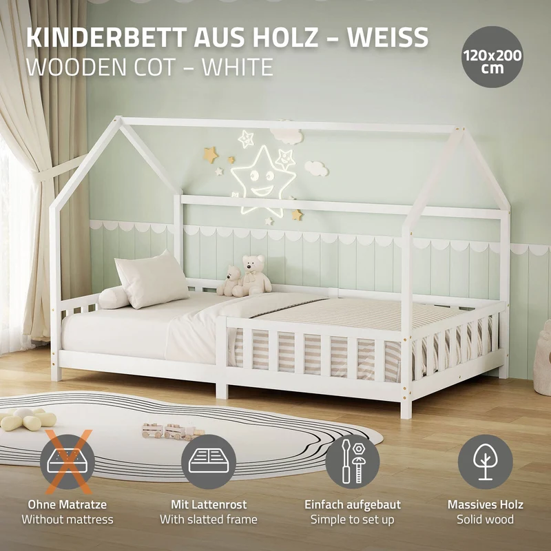 Kinderbett Hausbett 120x200 cm aus Kiefernholz Weiß mit Rausfallschutz Dach und Lattenrost Holzbett ML-Design