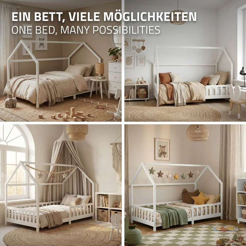 Kinderbett Hausbett 120x200 cm aus Kiefernholz Weiß mit Rausfallschutz Dach und Lattenrost Holzbett ML-Design