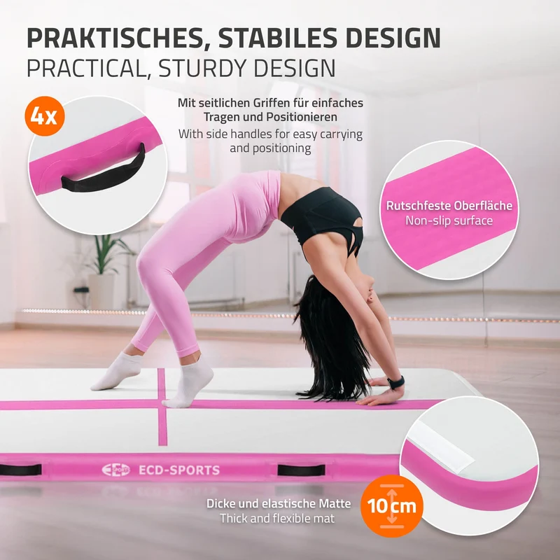 Aufblasbare Gymnastikmatte Turnmatte Airtrack 3m, Rosa, 10cm Dicke, inkl. Tragetasche & elektr. Luftpumpe