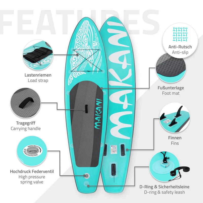 Stand Up Paddle aufblasbares SUP Board Makani 320x80x15 cm in Türkis aus PVC inkl. Pumpe und Tragetasche