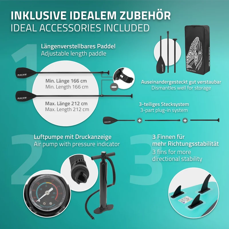 Stand Up Paddle aufblasbares SUP Board Makani 320x80x15 cm in Türkis aus PVC inkl. Pumpe und Tragetasche