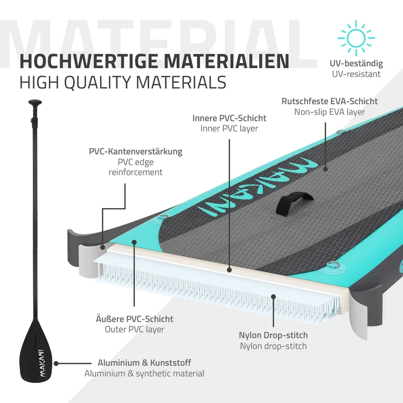 Stand Up Paddle aufblasbares SUP Board Makani 320x80x15 cm in Türkis aus PVC inkl. Pumpe und Tragetasche