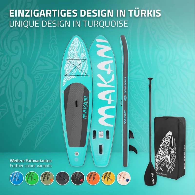 Stand Up Paddle aufblasbares SUP Board Makani 320x80x15 cm in Türkis aus PVC inkl. Pumpe und Tragetasche
