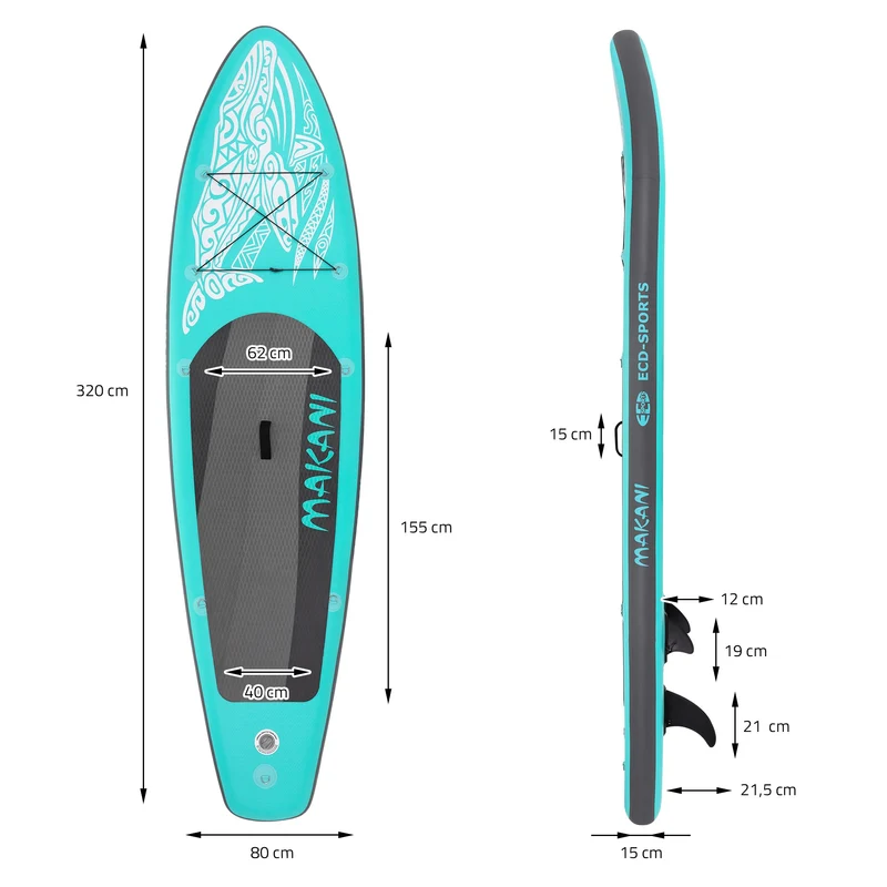 Stand Up Paddle aufblasbares SUP Board Makani 320x80x15 cm in Türkis aus PVC inkl. Pumpe und Tragetasche