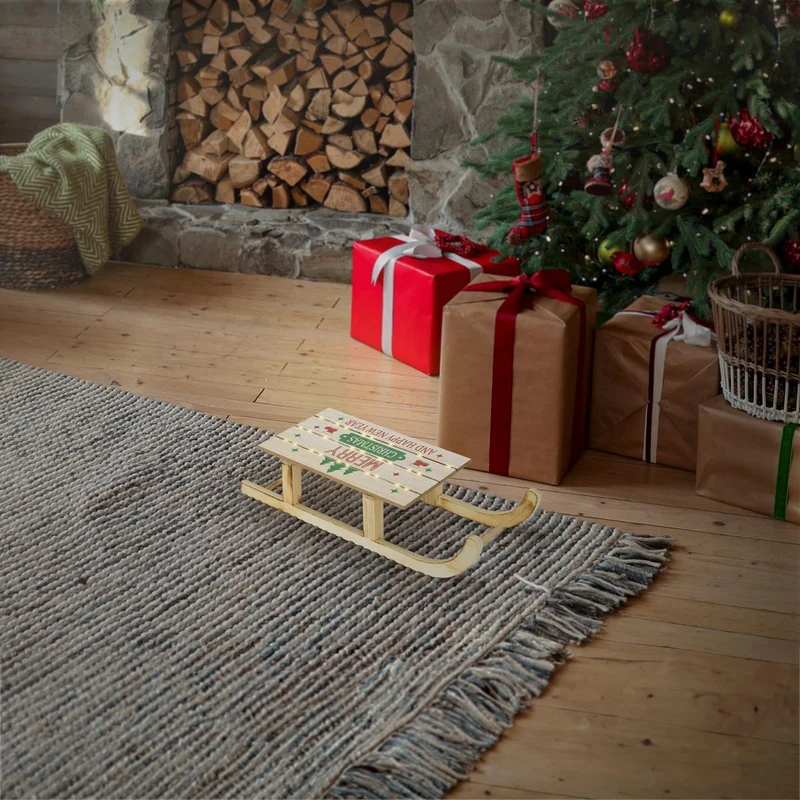 ECD Germany | Weihnachtsschlitten mit warmweißen LED, Braun, aus Holz, Weihnachtsdeko mit Timer, Batteriebetrieb