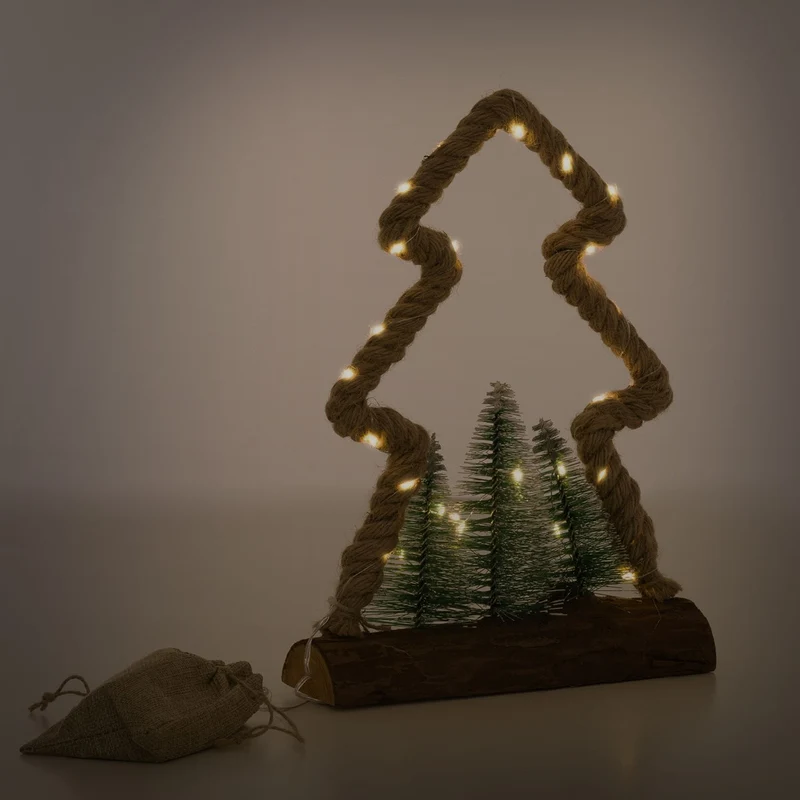 ECD Germany | LED Weihnachtsbaum aus Juteseil, Standfigur, Weihnachtsdeko mit warmweißen LEDs, 3 Tannen und Jutesäckchen, Batteriebetrieb mit Timer