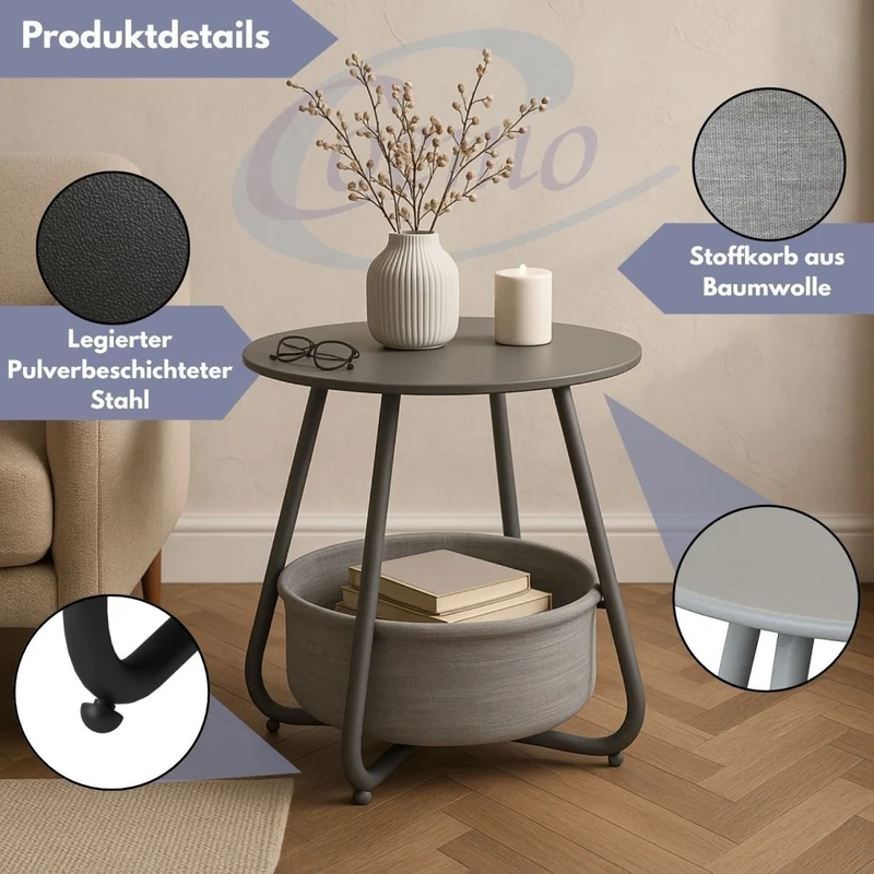 B-Ware Beistelltisch Kosi mit Canvas Korb - Metallgestell mit Stoffkorb