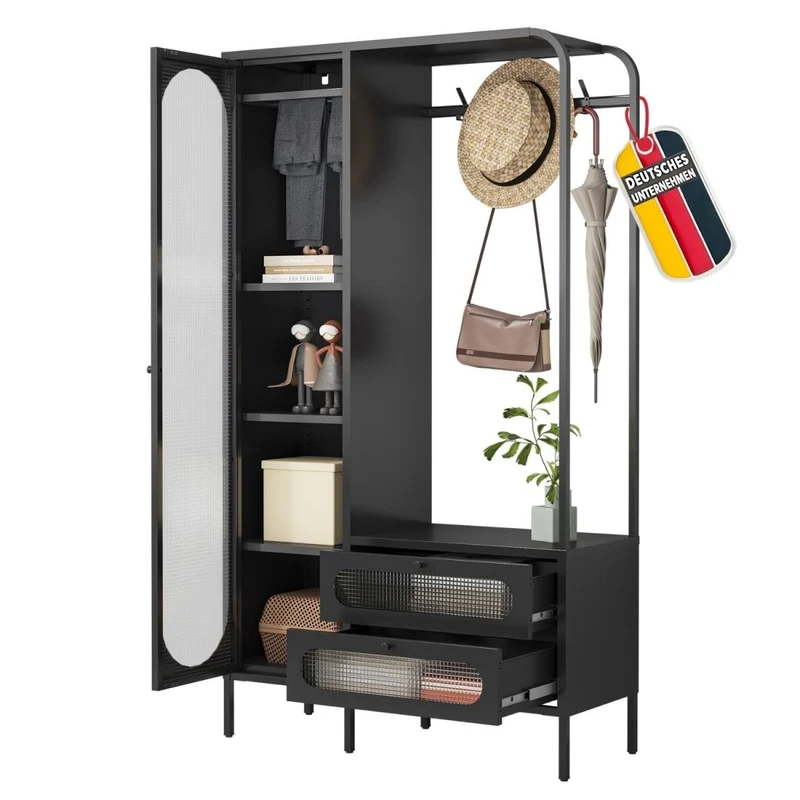 Mein-Regal Garderobenschrank Paris aus Metall mit 2 Schubladen und 1 Glastüre