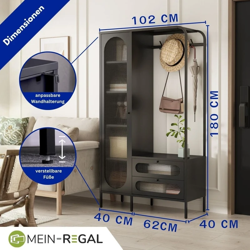 Mein-Regal Garderobenschrank Paris aus Metall mit 2 Schubladen und 1 Glastüre