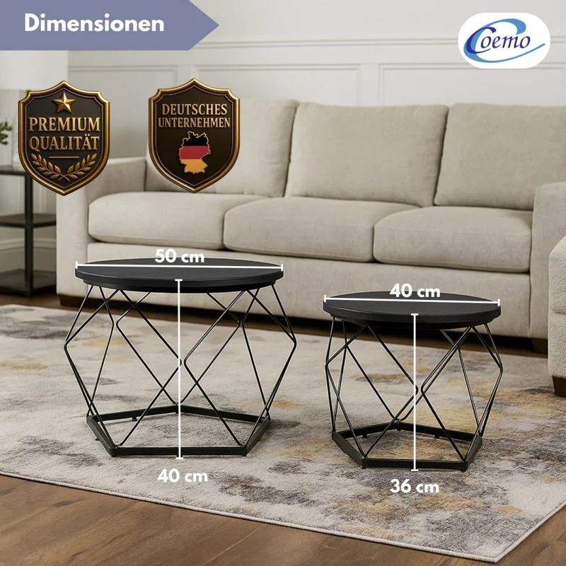 Coemo Couchtisch Duett 2-er Set Holz-Tischplatte mit Metallrahmen