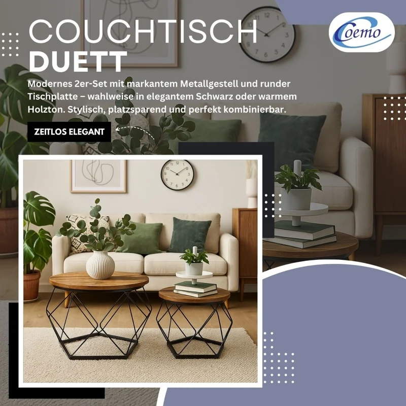 Coemo Couchtisch Duett 2-er Set Holz-Tischplatte mit Metallrahmen