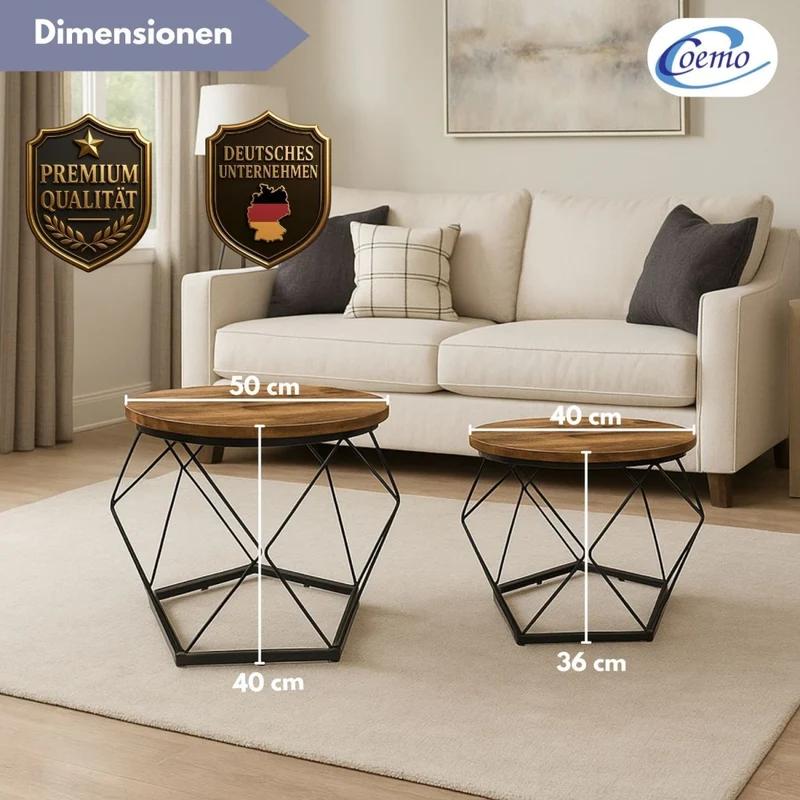 Coemo Couchtisch Duett 2-er Set Holz-Tischplatte mit Metallrahmen