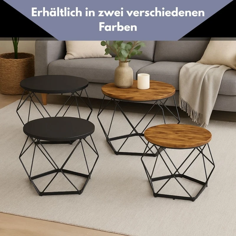 Coemo Couchtisch Duett 2-er Set Holz-Tischplatte mit Metallrahmen