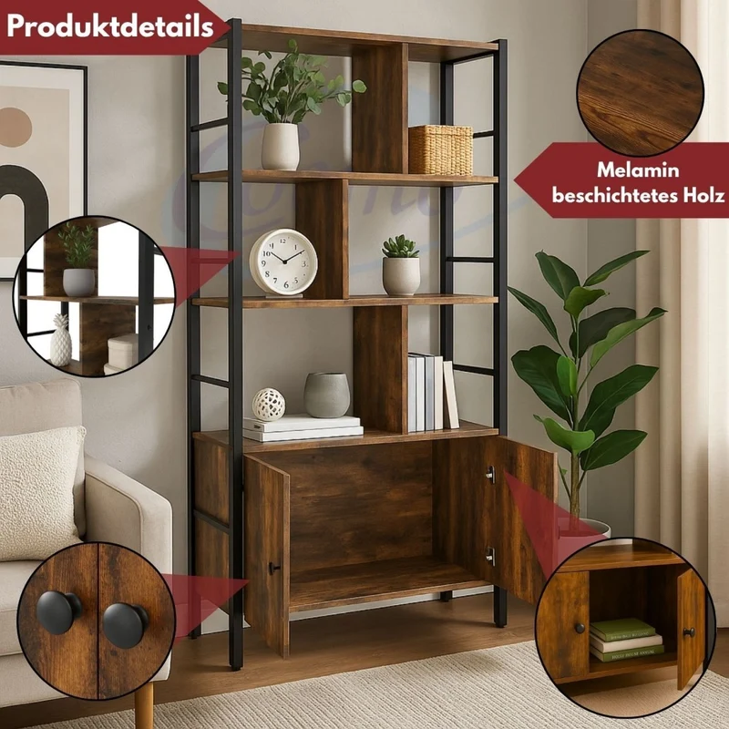 Mein-Regal Regal Vintage 74x30x155 cm mit 7 Fächern & 2 Türen Schrankelement aus Metall & Holz