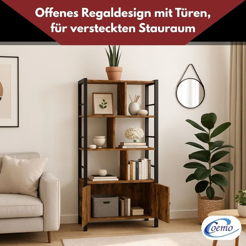 Mein-Regal Regal Vintage 74x30x155 cm mit 7 Fächern & 2 Türen Schrankelement aus Metall & Holz