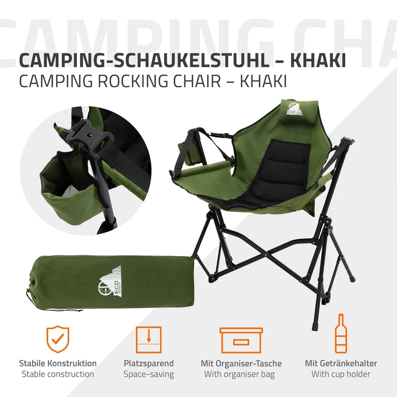 B-Ware Campingstuhl faltbar, Khaki, Outdoor Klappstuhl mit Stahlgestell, Getränkehalter, Nackenkissen & Tasche, Schaukelstuhl Angelstuhl