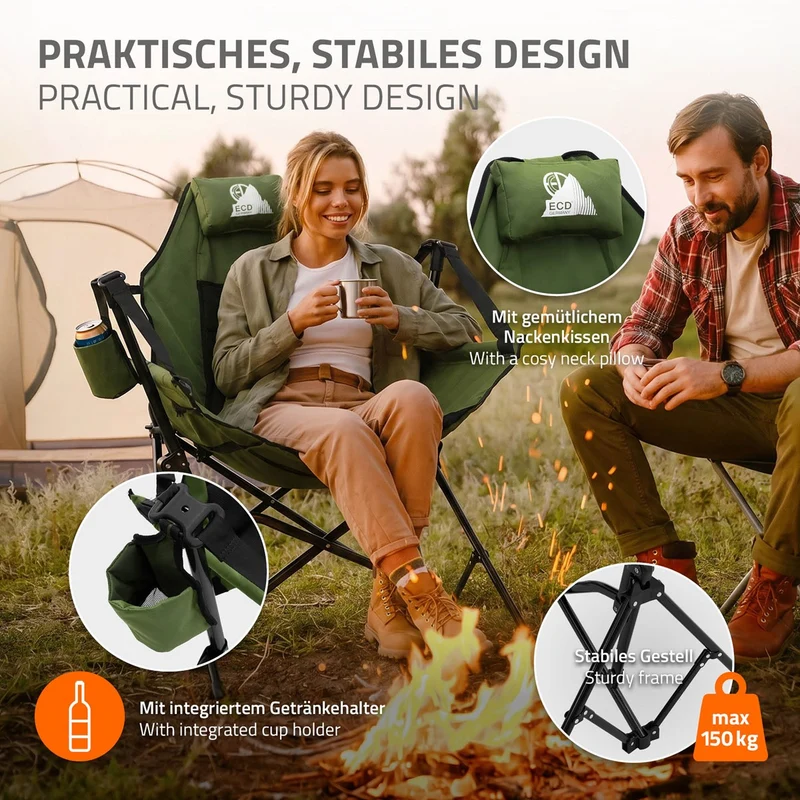 B-Ware Campingstuhl faltbar, Khaki, Outdoor Klappstuhl mit Stahlgestell, Getränkehalter, Nackenkissen & Tasche, Schaukelstuhl Angelstuhl