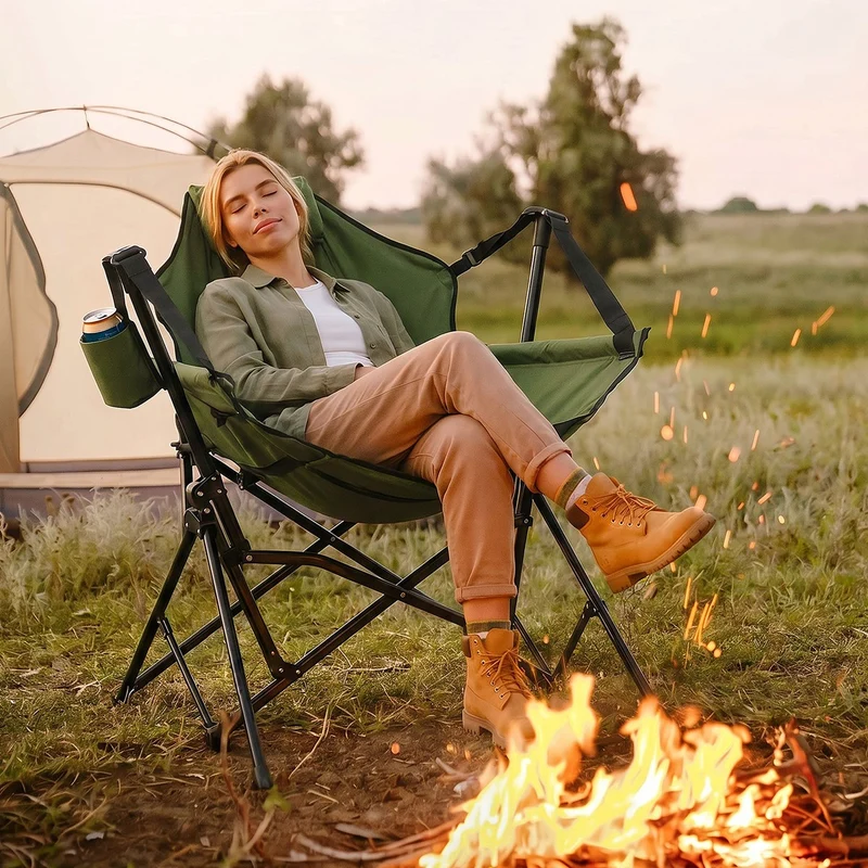 B-Ware Campingstuhl faltbar, Khaki, Outdoor Klappstuhl mit Stahlgestell, Getränkehalter, Nackenkissen & Tasche, Schaukelstuhl Angelstuhl