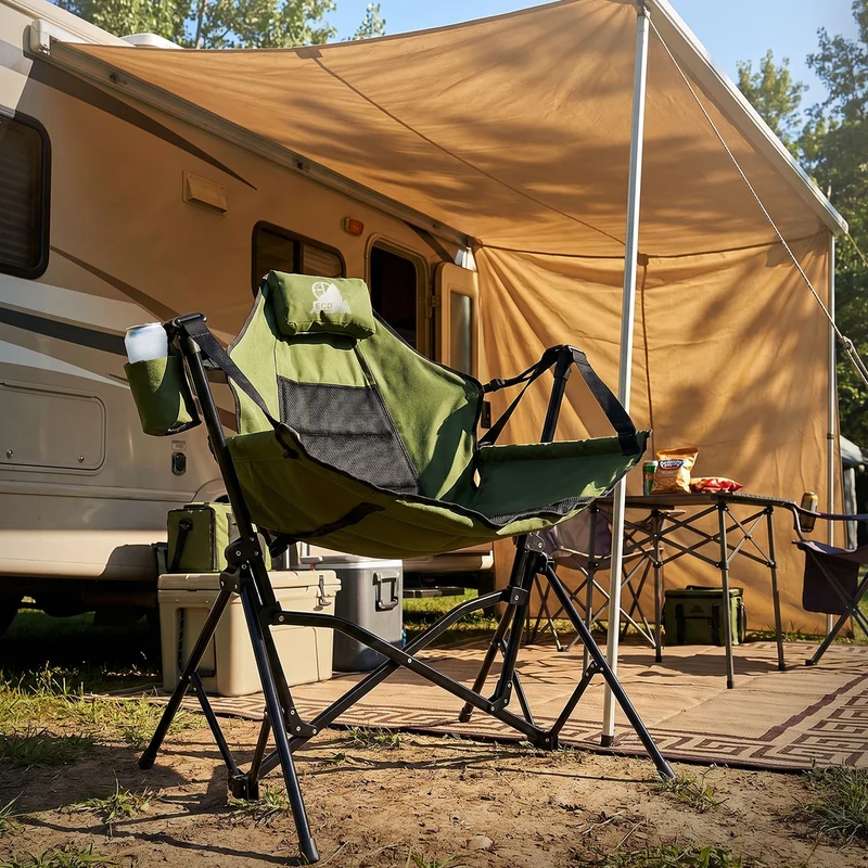 B-Ware Campingstuhl faltbar, Khaki, Outdoor Klappstuhl mit Stahlgestell, Getränkehalter, Nackenkissen & Tasche, Schaukelstuhl Angelstuhl