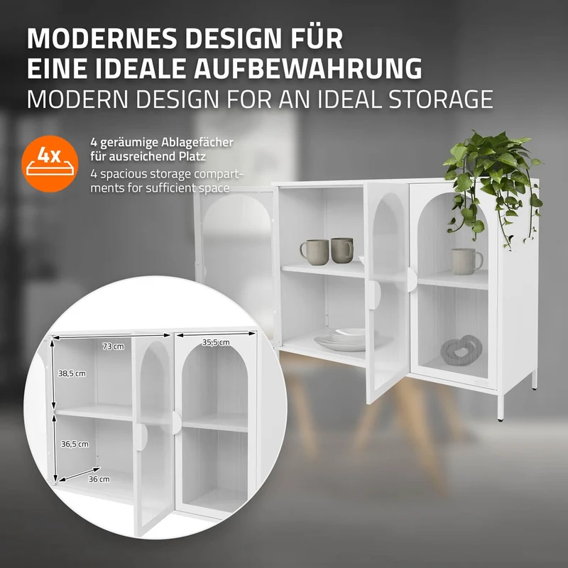 B-Ware Vitrinenschrank 120x93x40 cm Vitrine mit 4 Ablage-/Regalfächer Weiß aus Stahl ML-Design