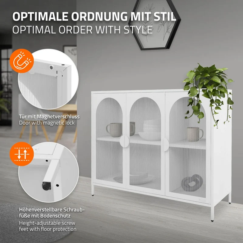 B-Ware Vitrinenschrank 120x93x40 cm Vitrine mit 4 Ablage-/Regalfächer Weiß aus Stahl ML-Design