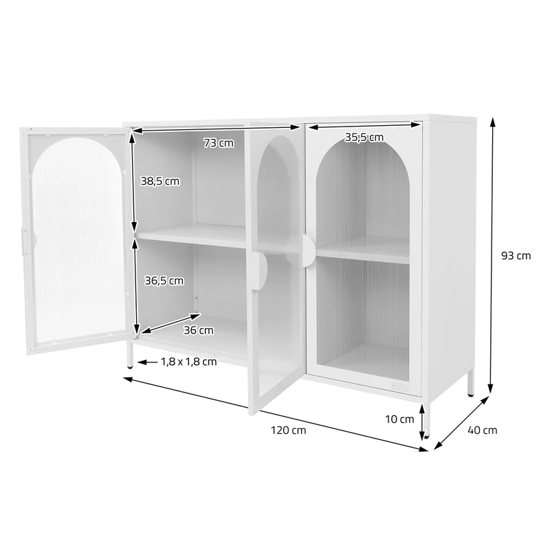 B-Ware Vitrinenschrank 120x93x40 cm Vitrine mit 4 Ablage-/Regalfächer Weiß aus Stahl ML-Design