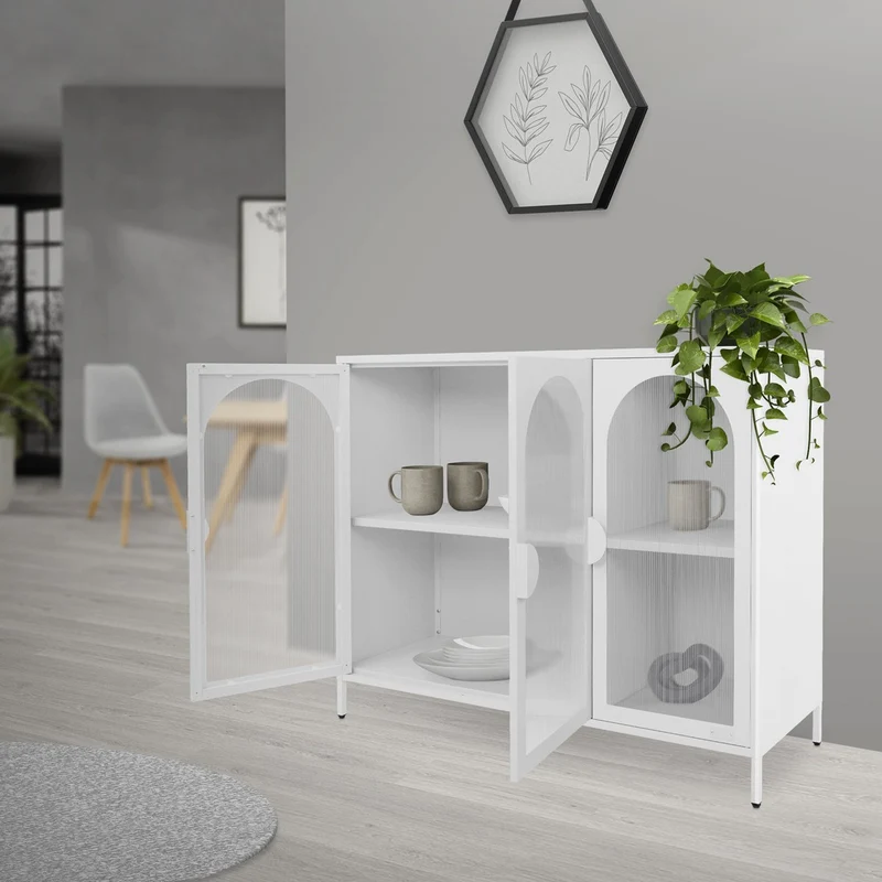 B-Ware Vitrinenschrank 120x93x40 cm Vitrine mit 4 Ablage-/Regalfächer Weiß aus Stahl ML-Design