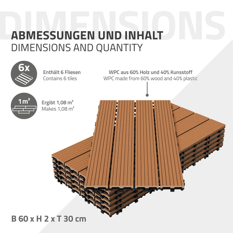 B-Ware Terrassenfliesen 60x30 cm 6er Set für 1m² Hellbraun aus WPC