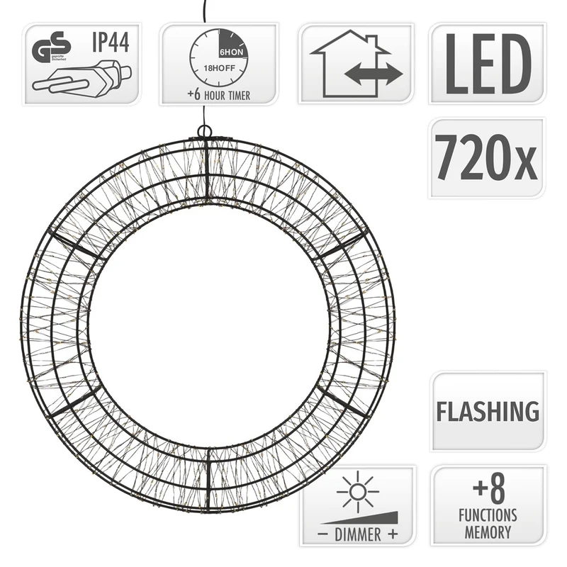 ECD Germany | LED Weihnachtskranz Ø50 cm Warmweiß Weihnachtsdeko mit Lichterkette Lichterkranz Fenster Weihnachtsbeleuchtung Außen 720LED Timer
