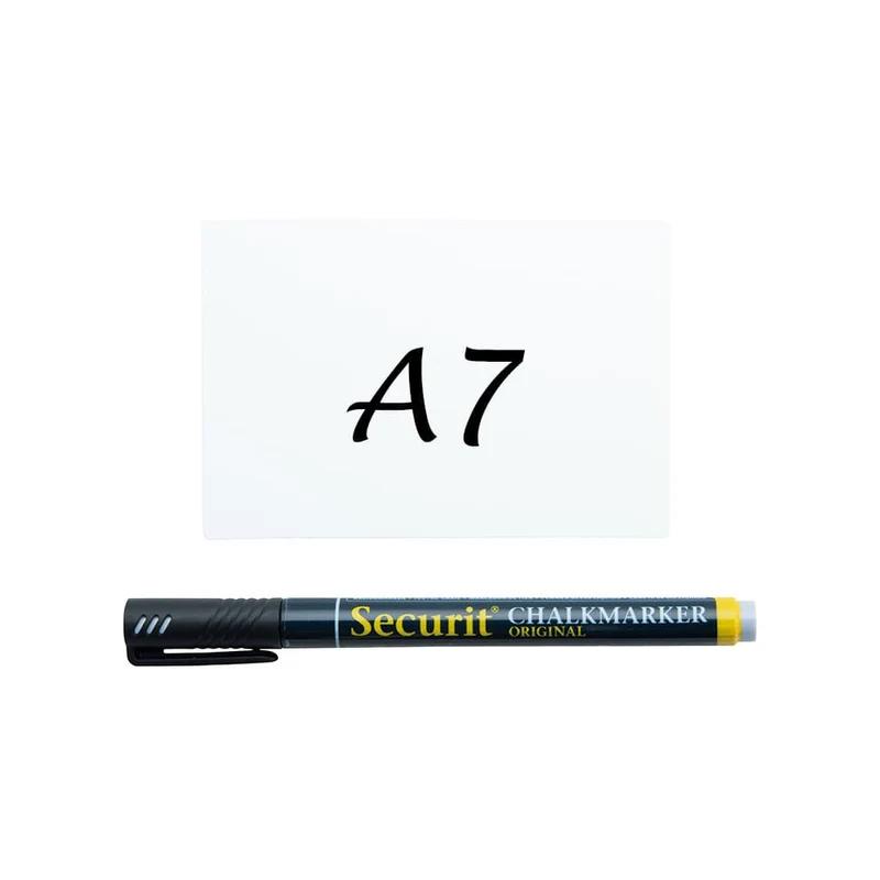 Securit® Kreidetafel TAGs A7 Weiss, inkl. 1 Securit® Kreidestift, 4 Spikes und 4 transparenten Haltern, 20er Set