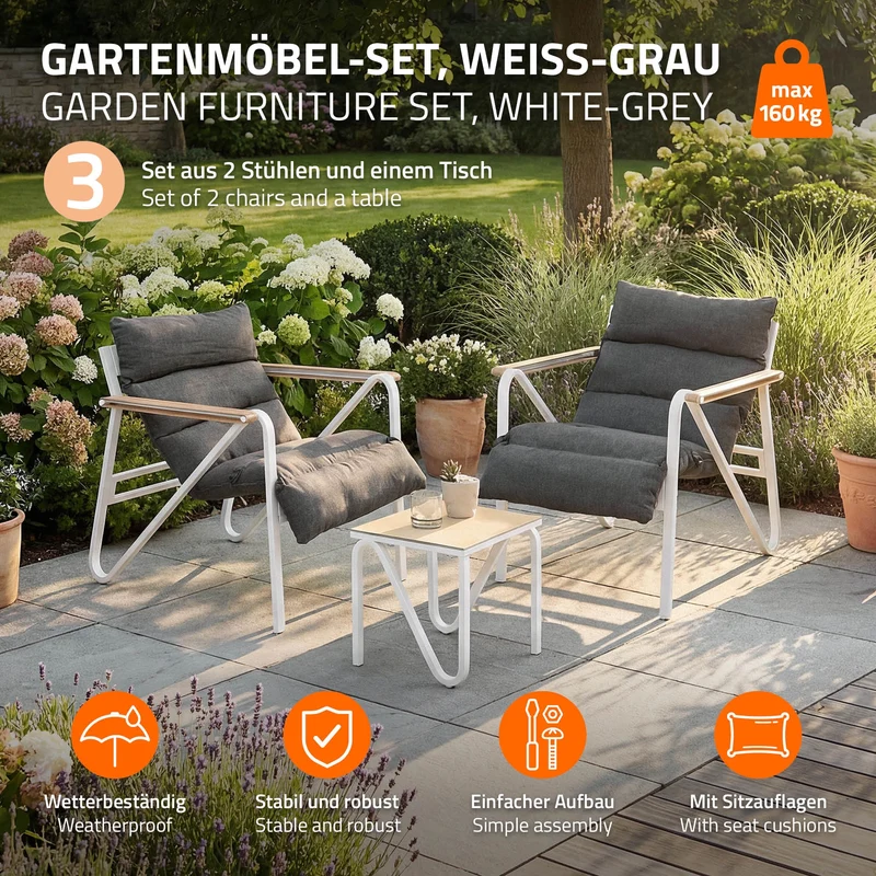 Gartenmöbel Set 3 tlg Weiß-Grau Sitzgruppe mit 2 Stühlen, Tisch & Sitzkissen Stahlgestell wetterfest ML-Design