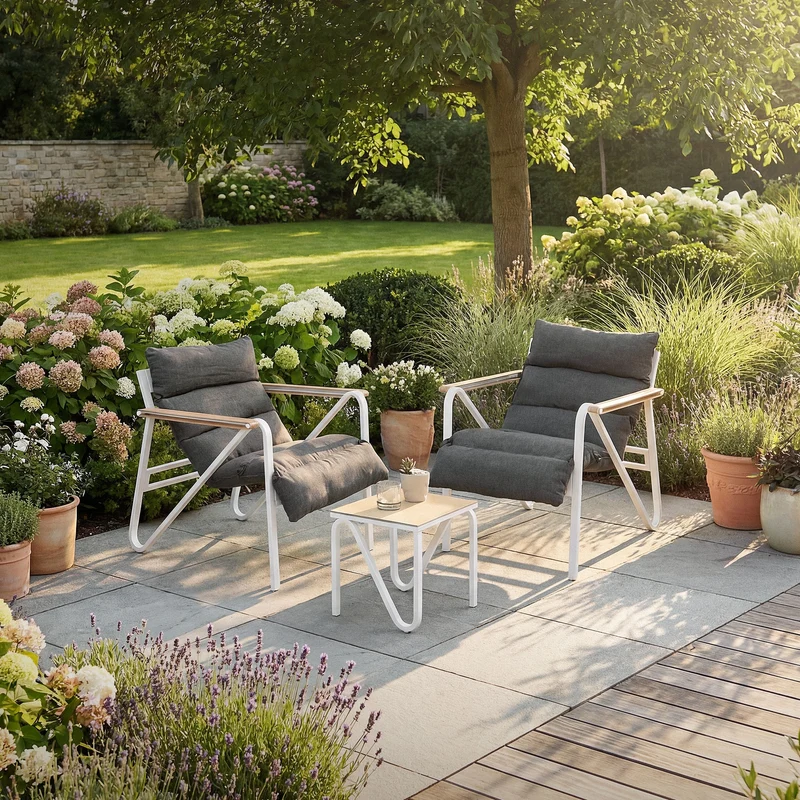 Gartenmöbel Set 3 tlg Weiß-Grau Sitzgruppe mit 2 Stühlen, Tisch & Sitzkissen Stahlgestell wetterfest ML-Design