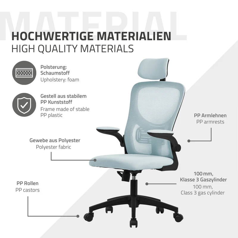 B-Ware Ergonomischer Bürostuhl Blau Netzgewebe mit verstellbarer Kopfstütze und Rollen ML-Design