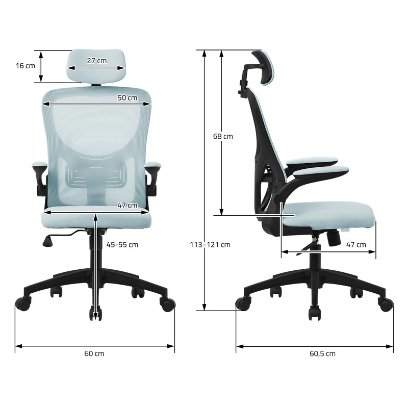 B-Ware Ergonomischer Bürostuhl Blau Netzgewebe mit verstellbarer Kopfstütze und Rollen ML-Design