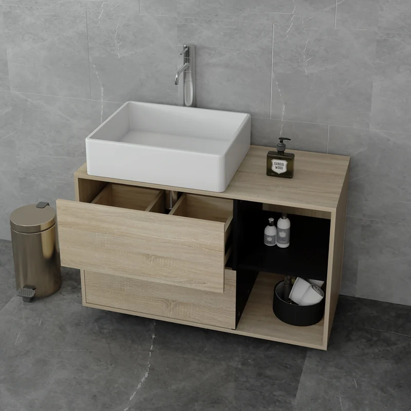 B-Ware Waschbeckenunterschrank Badezimmerschrank 100x60x45,5 cm mit 2 Schubladen und Ablagen in Braun/Schwarz ML-Design
