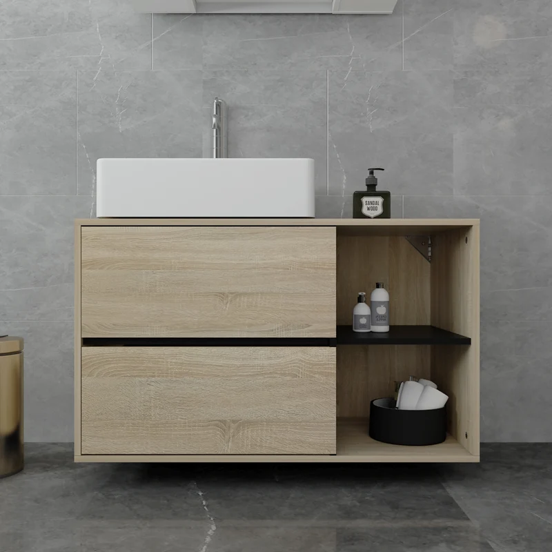 B-Ware Waschbeckenunterschrank Badezimmerschrank 100x60x45,5 cm mit 2 Schubladen und Ablagen in Braun/Schwarz ML-Design